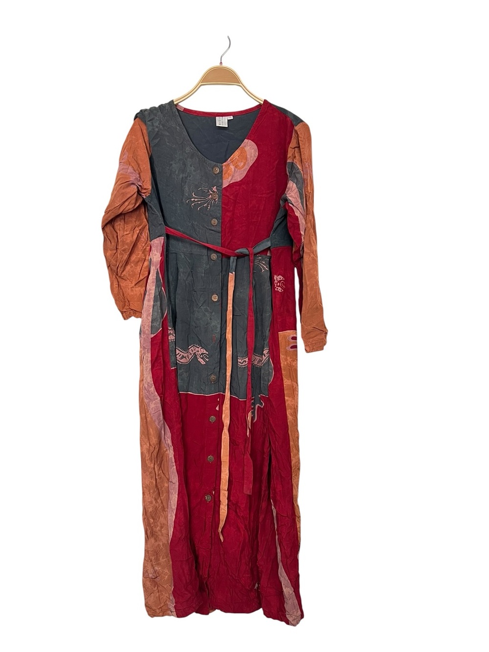 Bali Batiks Resortwear Bohemian Patchwork Long Sleeve Dress in Red and Rust
